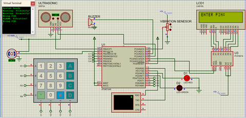 Proteus schematic of the access box: an ATmega8 wired to a 4×4 keypad, 16×2 LCD showing ENTER PIN, HC-SR04 ultrasonic sensor, vibration sensor, buzzer, RFID reader, and red/green status LEDs, with a virtual terminal logging system events.