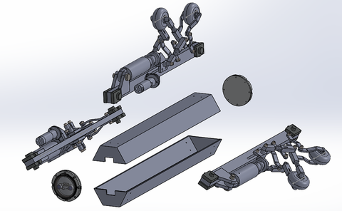 Exploded SolidWorks view of the pipe-inspection robot: two articulated linkage-arm assemblies, twin sealed electronics and sensor compartments forming the central body, and a camera module with a protective dome at the front.