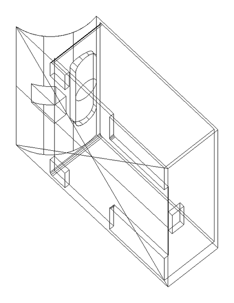 Isometric CAD wireframe of the assembled sumo robot: an open box chassis with a curved leading face, an oval sensor aperture on the front for the infrared sensors, and internal mounting brackets.